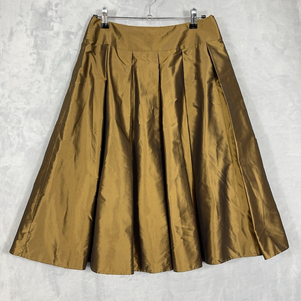 Talbots Petites Pure 100% Silk A-Line Midi Skirt Pleated Lined Champagne Gold‎ 8